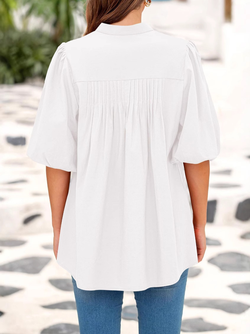 Summer Women's Short Lantern Sleeve Top Loose Button Shirt Casual Pleated V-Neck Shirt
