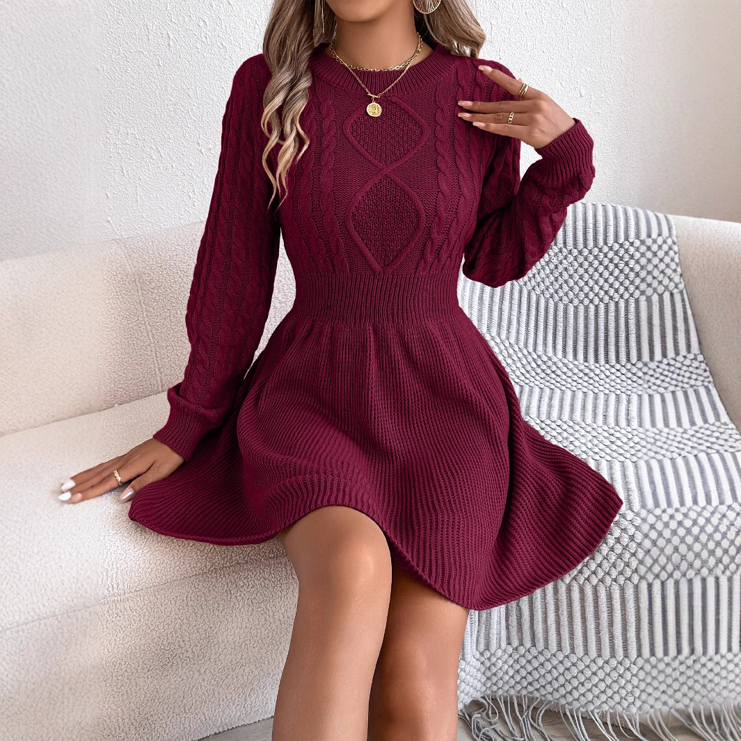 Solid color twist waist lantern long sleeve sweater dress A-line skirt