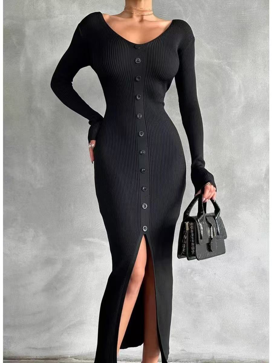V-neck mid-length slim-fit slit slimming temperament single hip-wrapped knitted dress