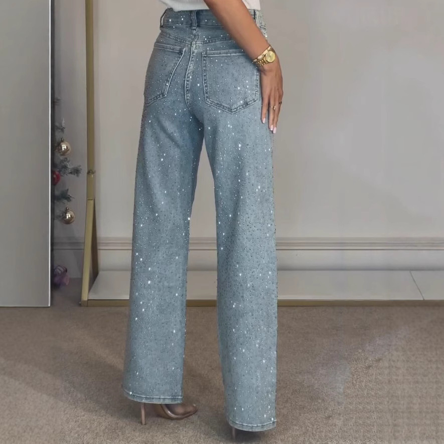 Women’s Rhinestone High Waist Straight Denim Pants