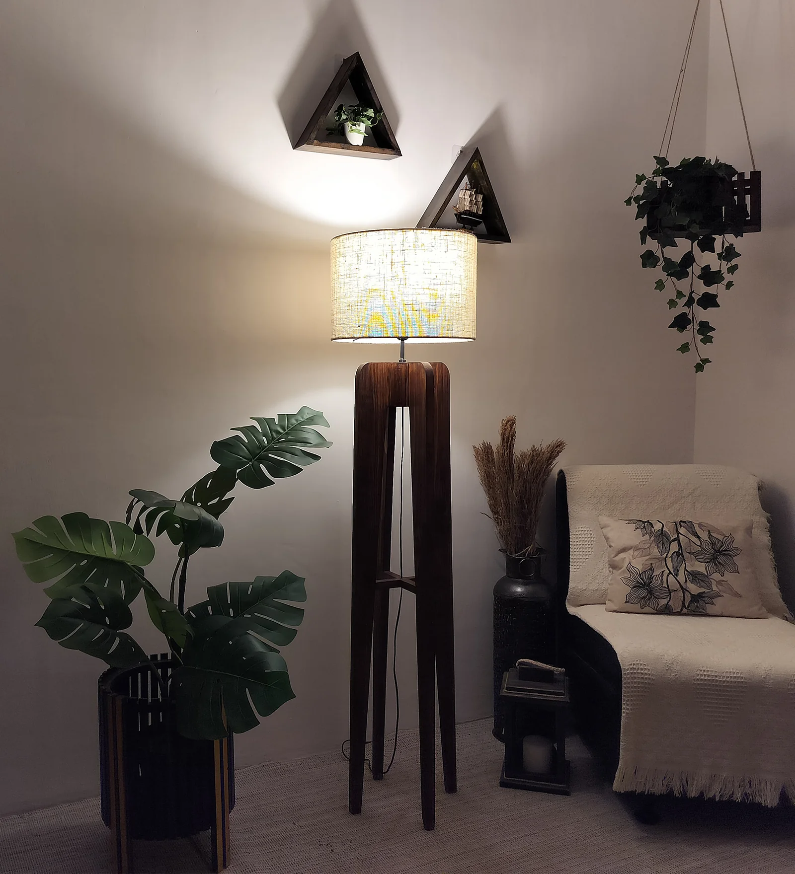 Jet Wooden Floor Lamp with Premium Beige Fabric Lampshade (BULB NOT INCLUDED)