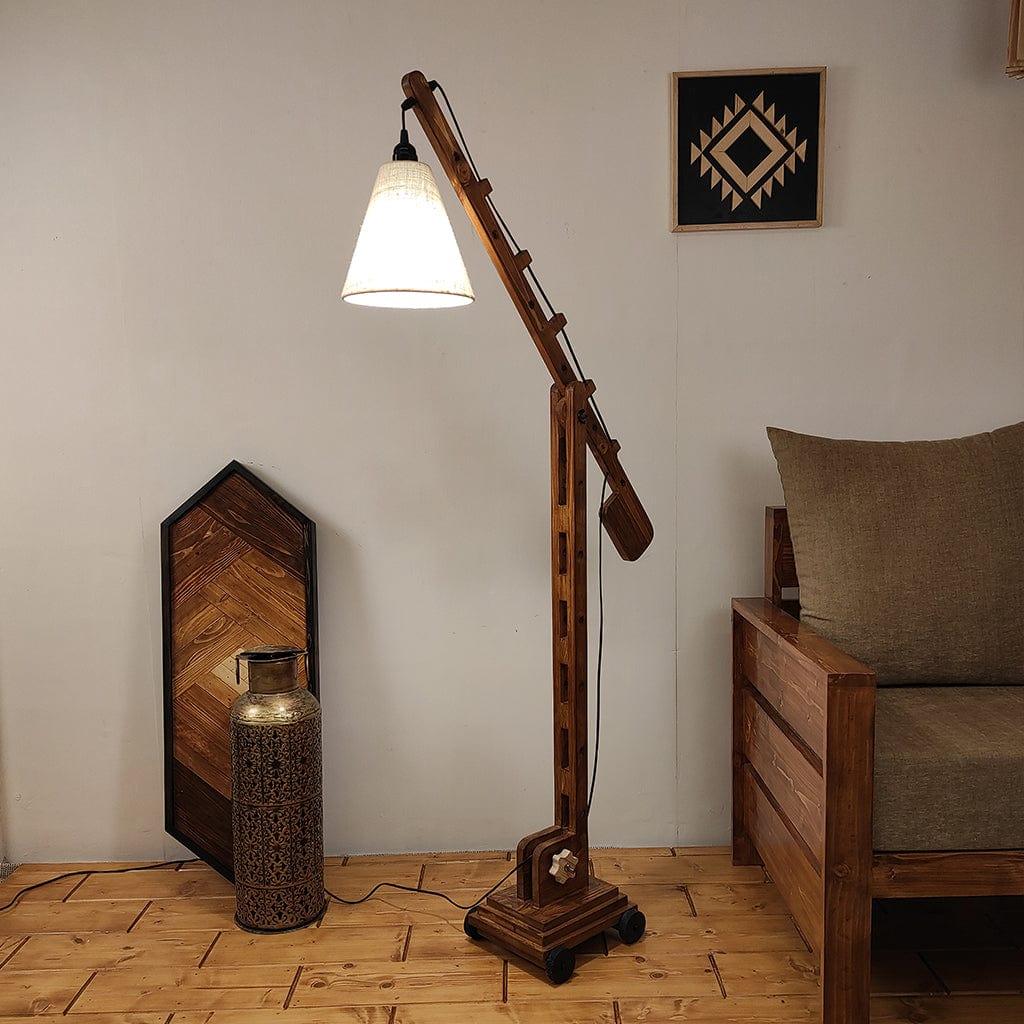Angler Wooden Floor Lamp with Brown Base and Jute Fabric Lampshade (BULB NOT INCLUDED)