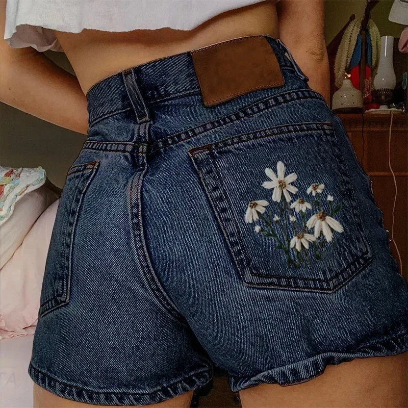 Summer Daisy Pattern High Street Cargo Denim Shorts