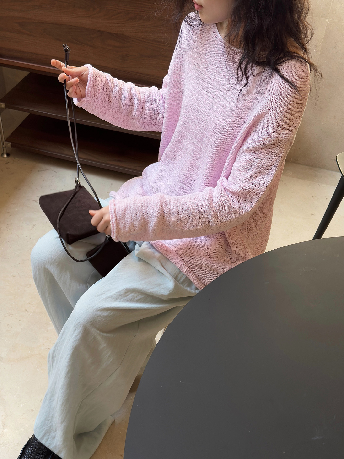 Collarless Loose Knit Minimalist Pullover Top