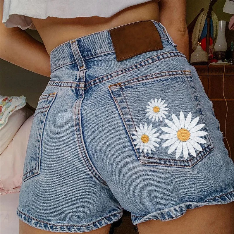 Summer Daisy Pattern High Street Cargo Denim Shorts