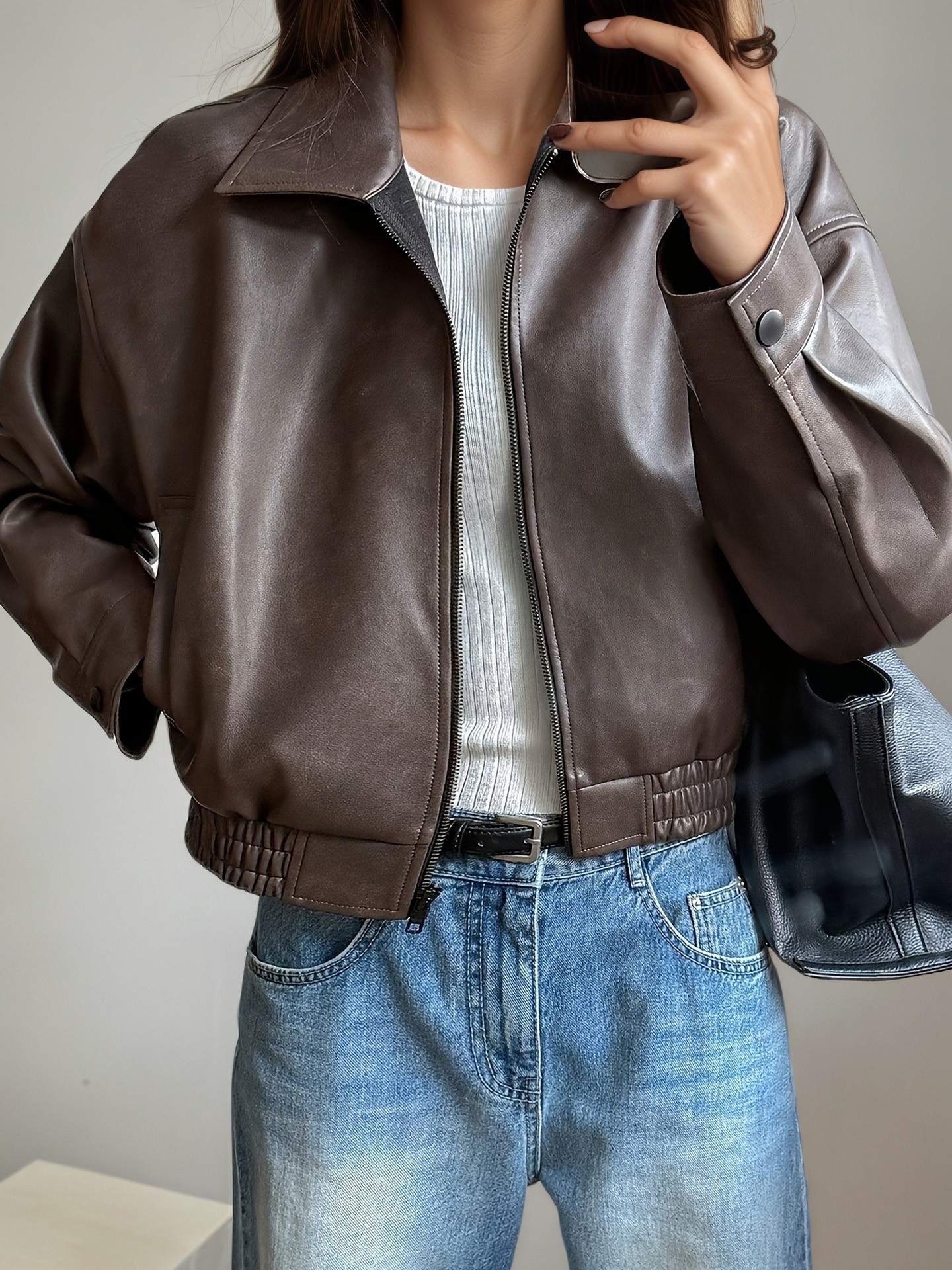 Faux Leather Stand Collar Jacket
