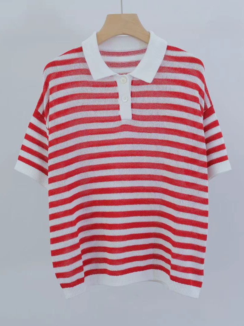 Striped lapel sweater T-shirt age-reducing top red polo shirt for women