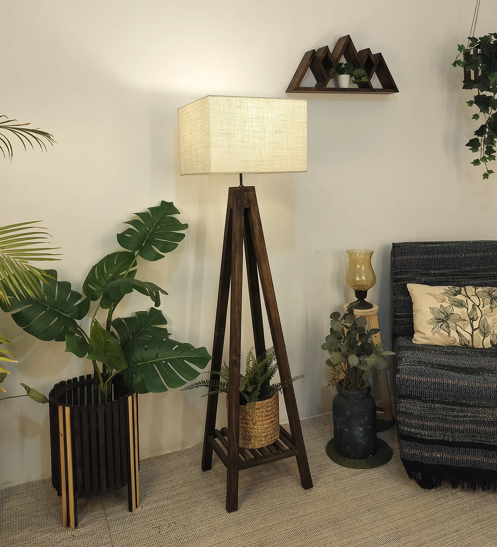 Brielle Wooden Floor Lamp with Brown Base and Beige Fabric Lampshade (BULB NOT INCLUDED)
