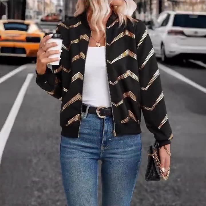 Black & Gold Chevron Zip-Up Bomber Jacket