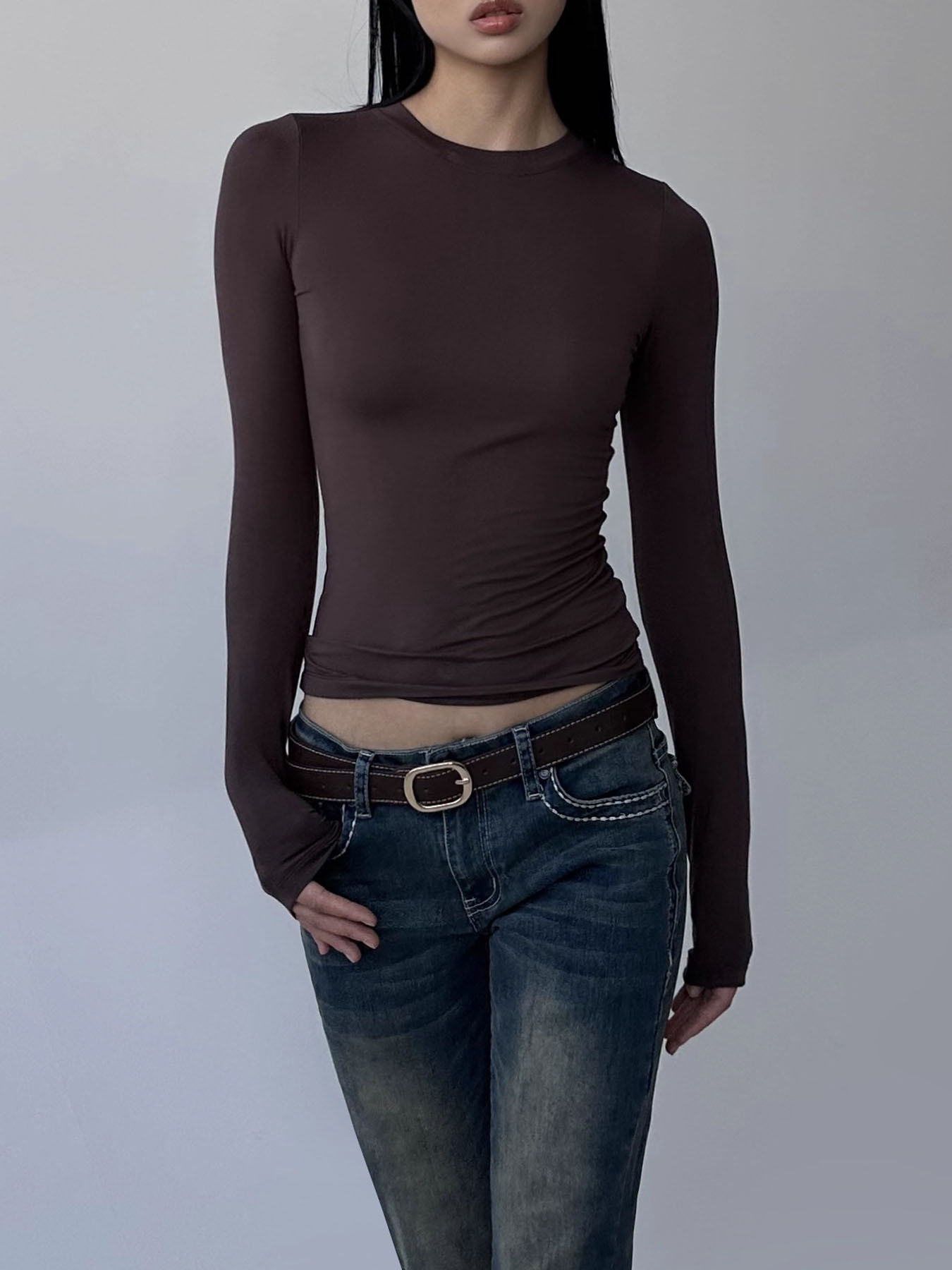 Pure desire style autumn and winter round neck long sleeve T-shirt basic style slim fit thin temperament