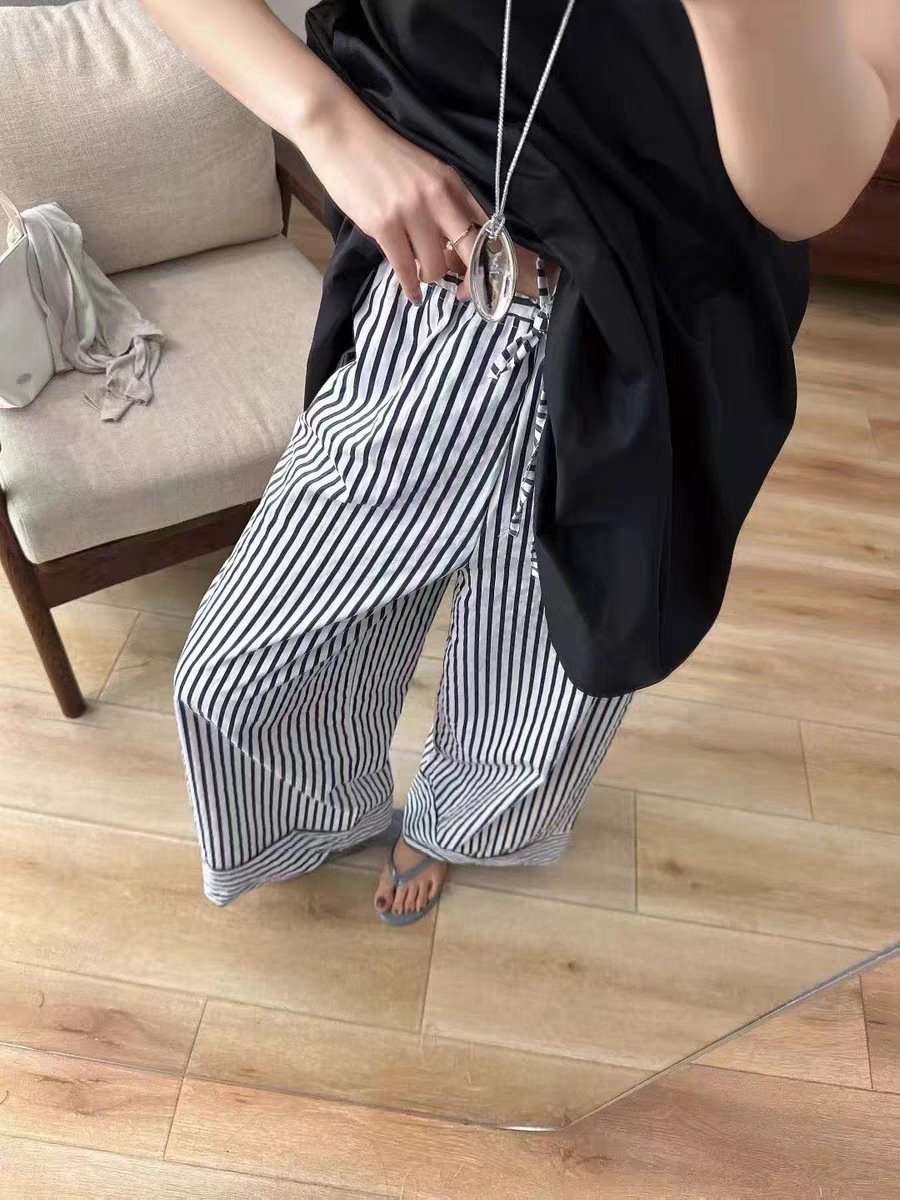 Elastic waist wide leg straight contrast striped casual trousers