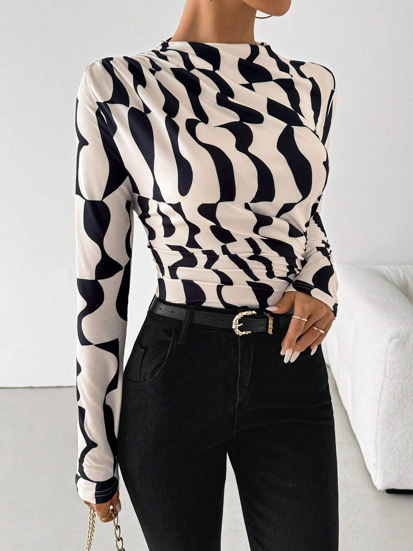 Autumn and winter new small stand collar pleated edge printed slim fit tops for women