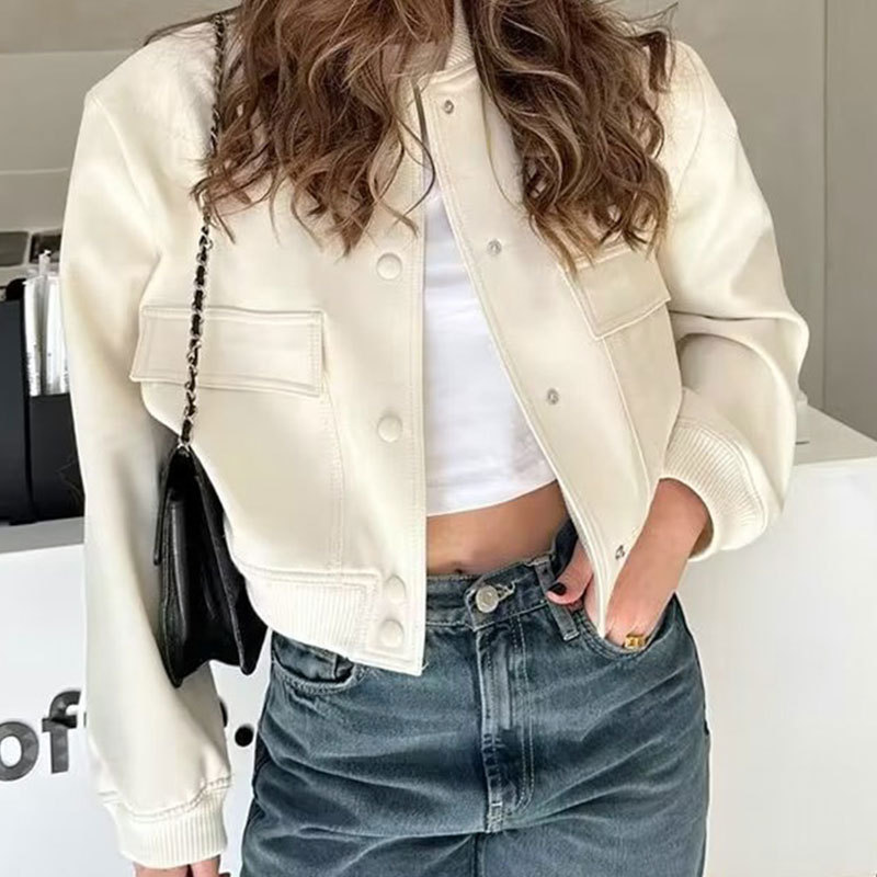 Cropped Faux Leather Bomber Jacket