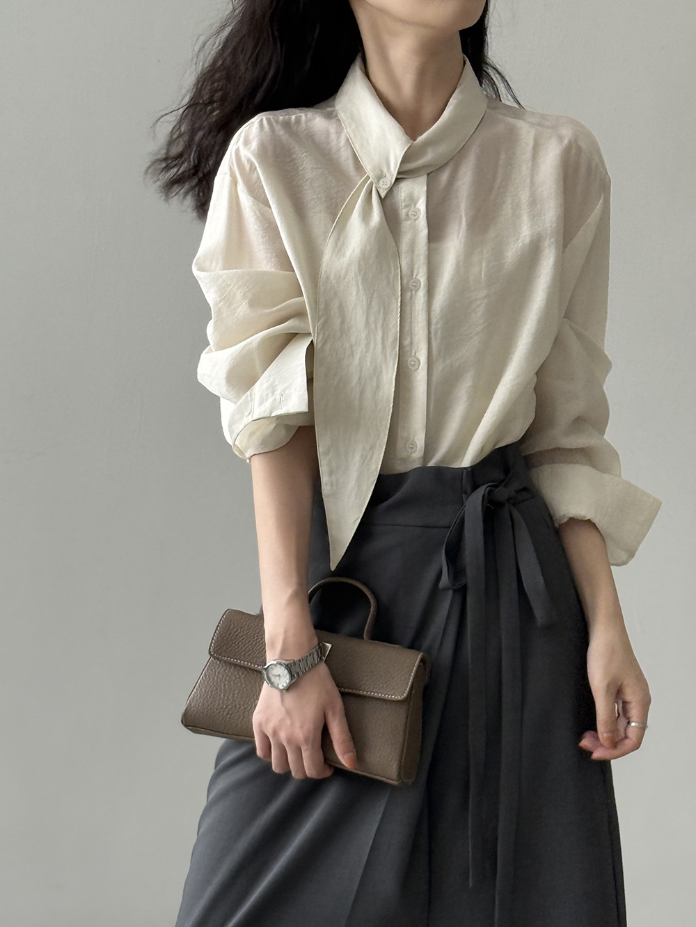 French scarf collar long-sleeved shirt for women autumn high-end commuting loose slim shirt
