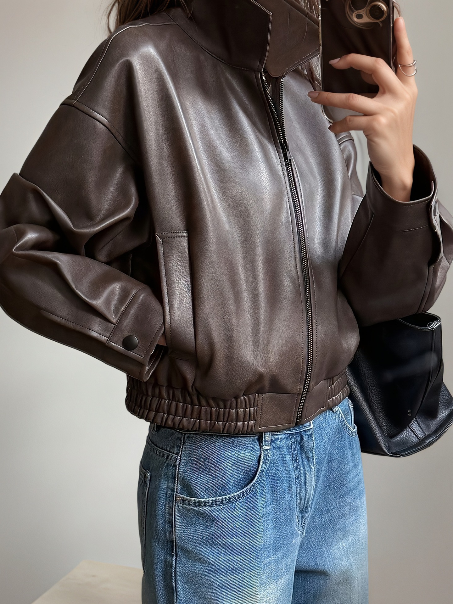 Faux Leather Stand Collar Jacket