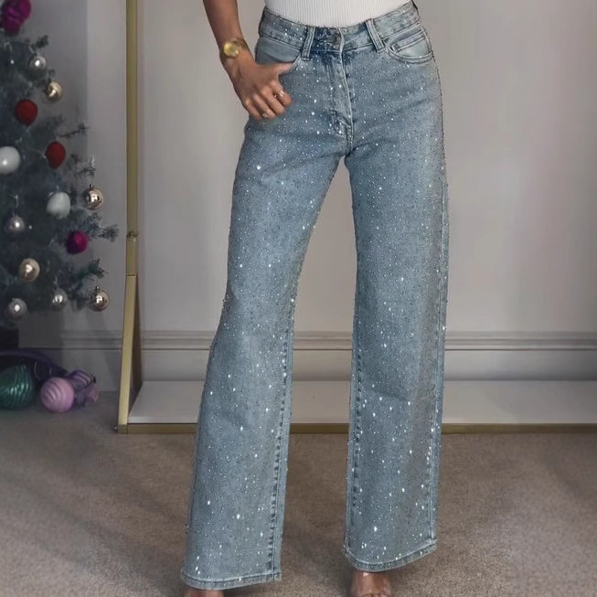 Women’s Rhinestone High Waist Straight Denim Pants