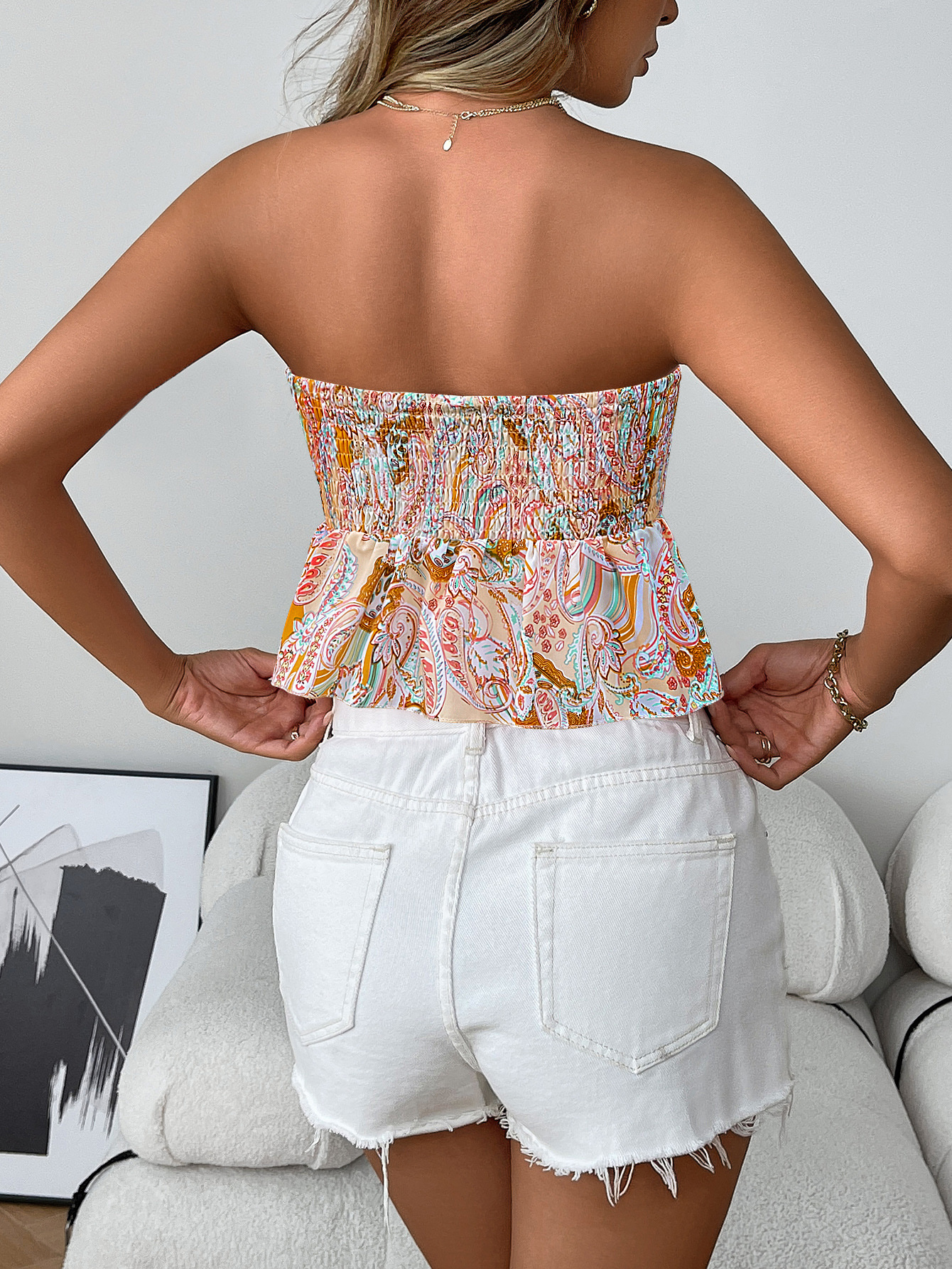 Fashionable sexy hot girl sleeveless tube top pleated waist patterned off-shoulder top for women