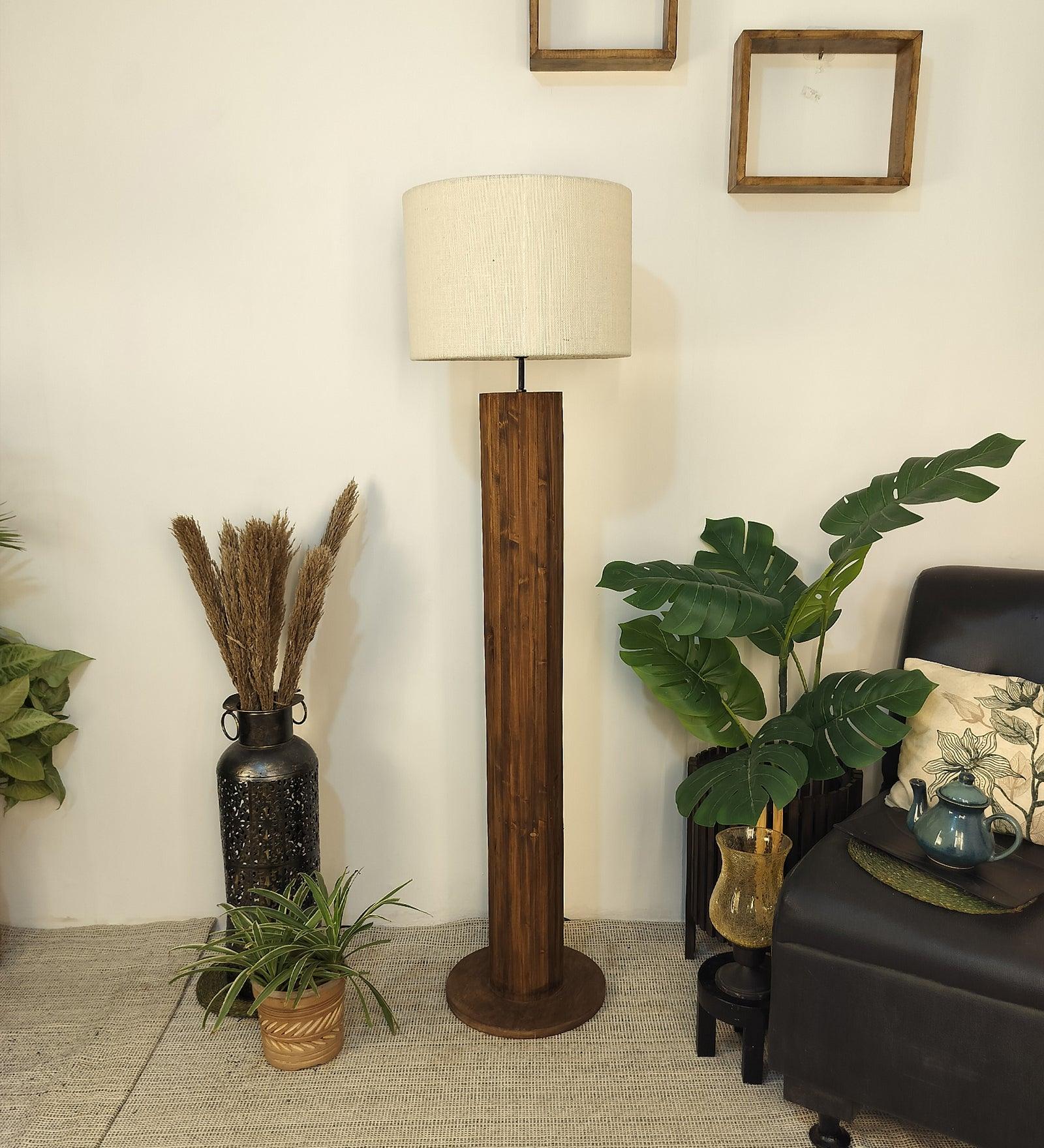 Cedar Wooden Floor Lamp with Premium Beige Fabric Lampshade (BULB NOT INCLUDED)