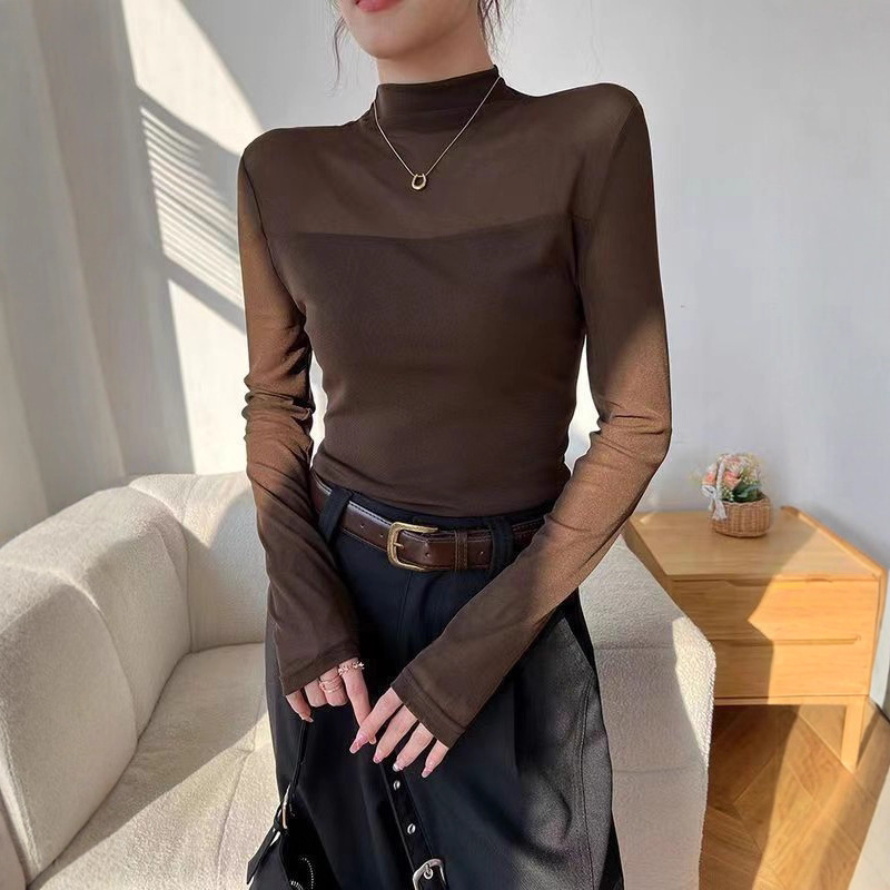 Retro half-high collar lace mesh bottoming blouse autumn