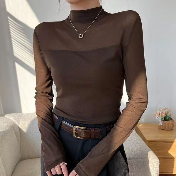 Retro half-high collar lace mesh bottoming blouse autumn