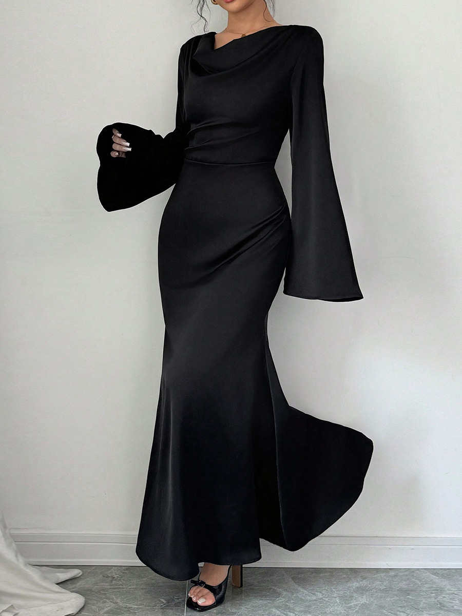 Loose tie waist black long skirt high-end temperament dress