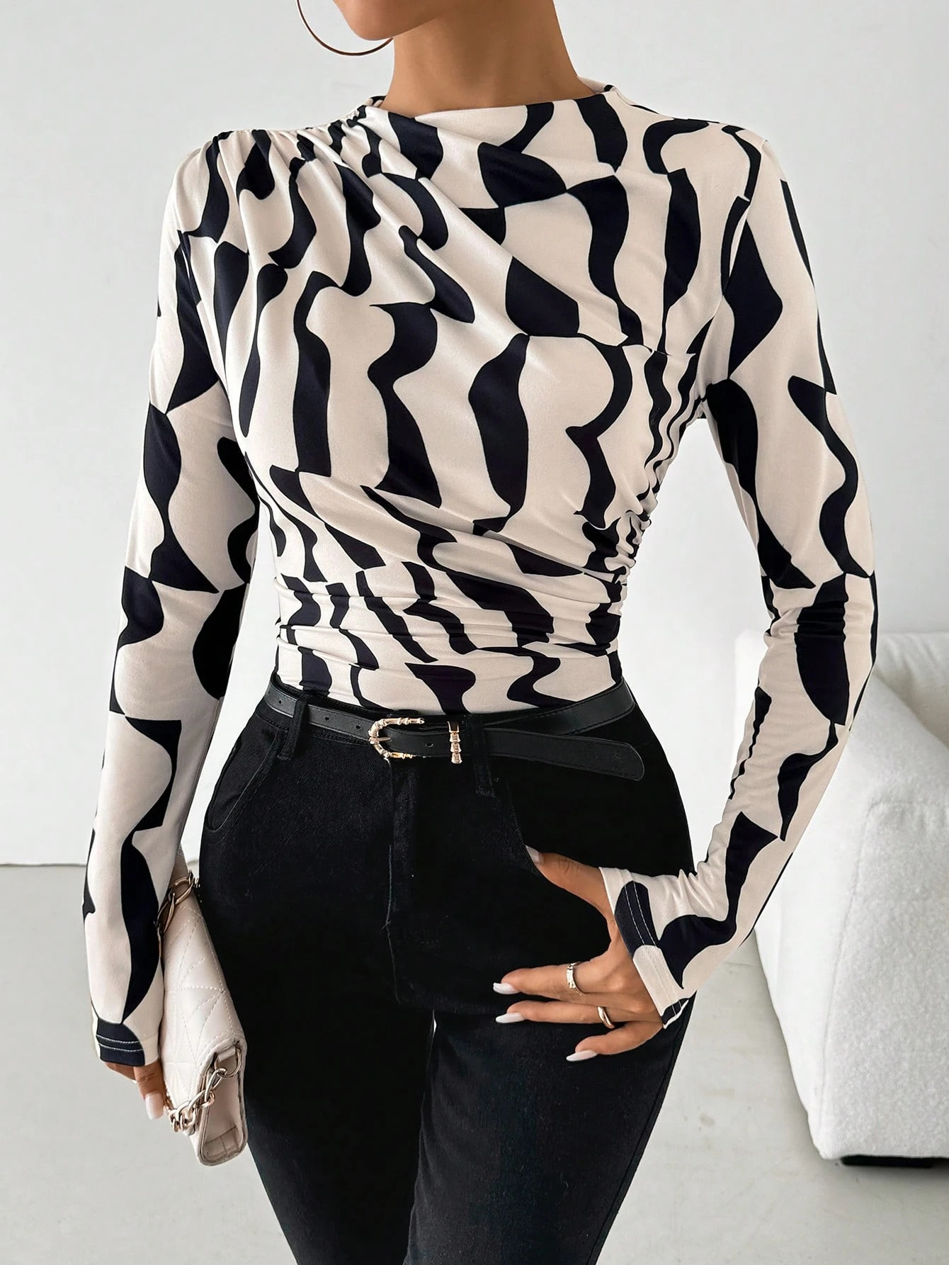 Autumn and winter new small stand collar pleated edge printed slim fit tops for women