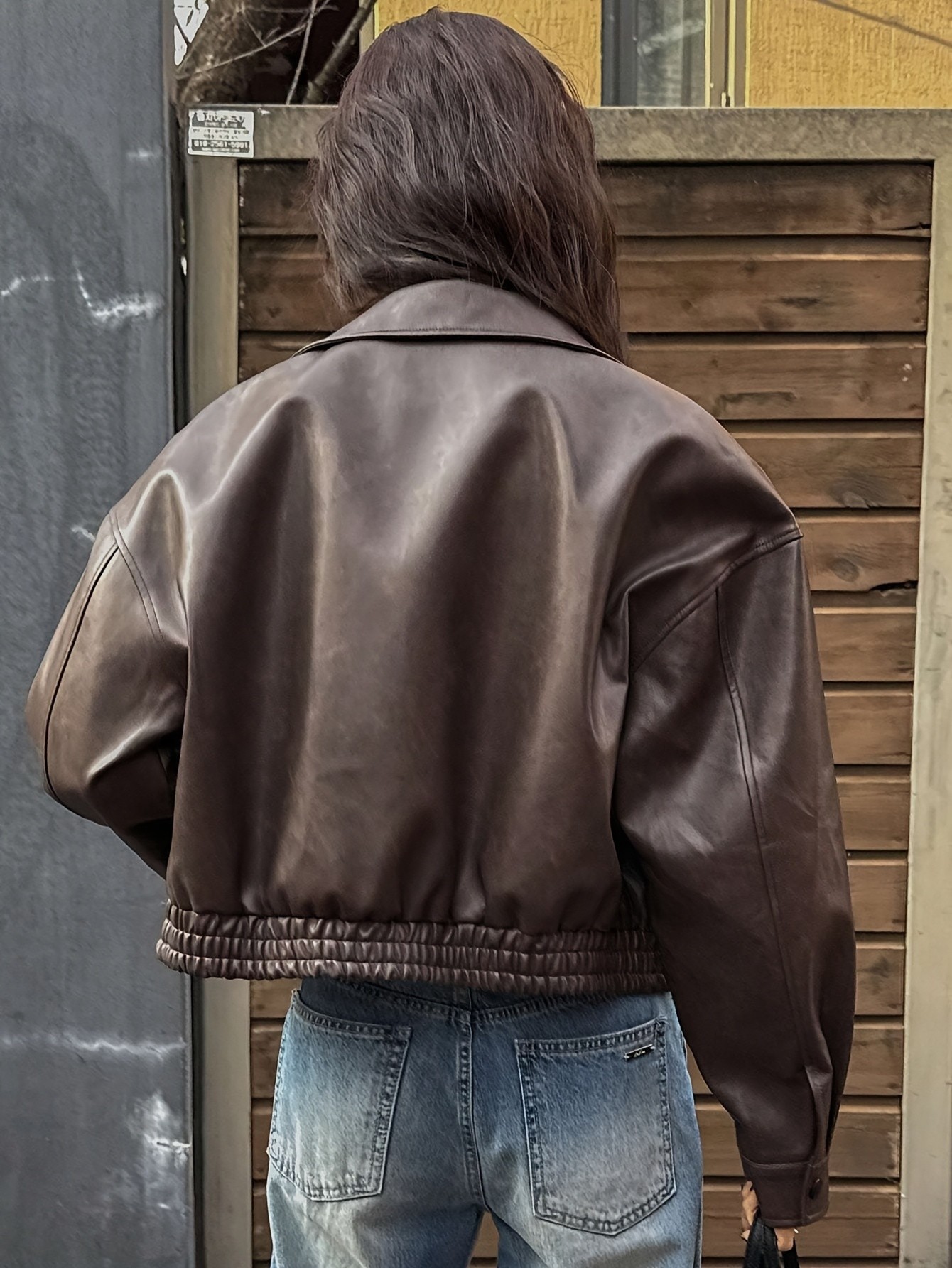 Faux Leather Stand Collar Jacket