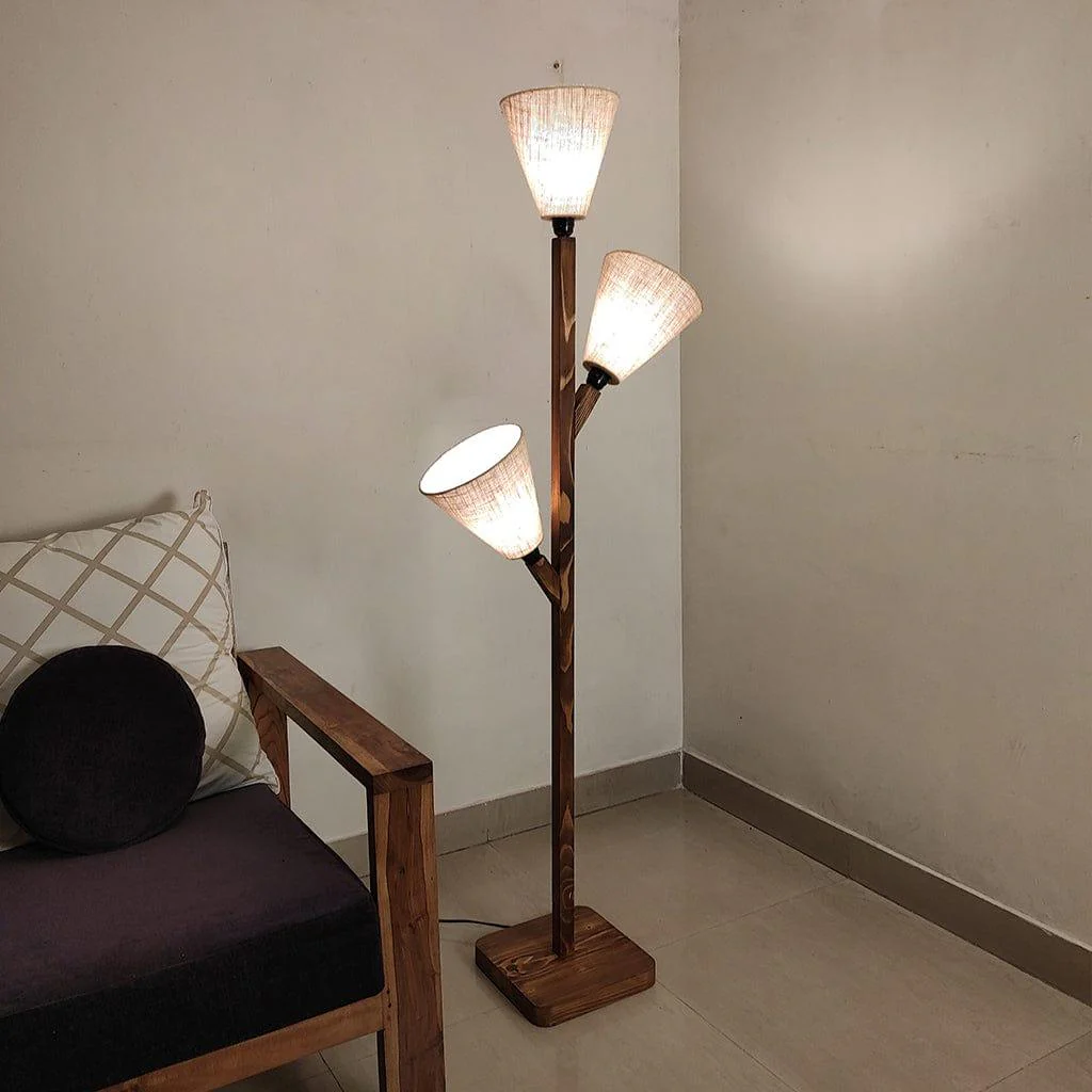 Jasper Wooden Floor Lamp with Brown Base and Beige Fabric Lampshade (BULB NOT INCLUDED)