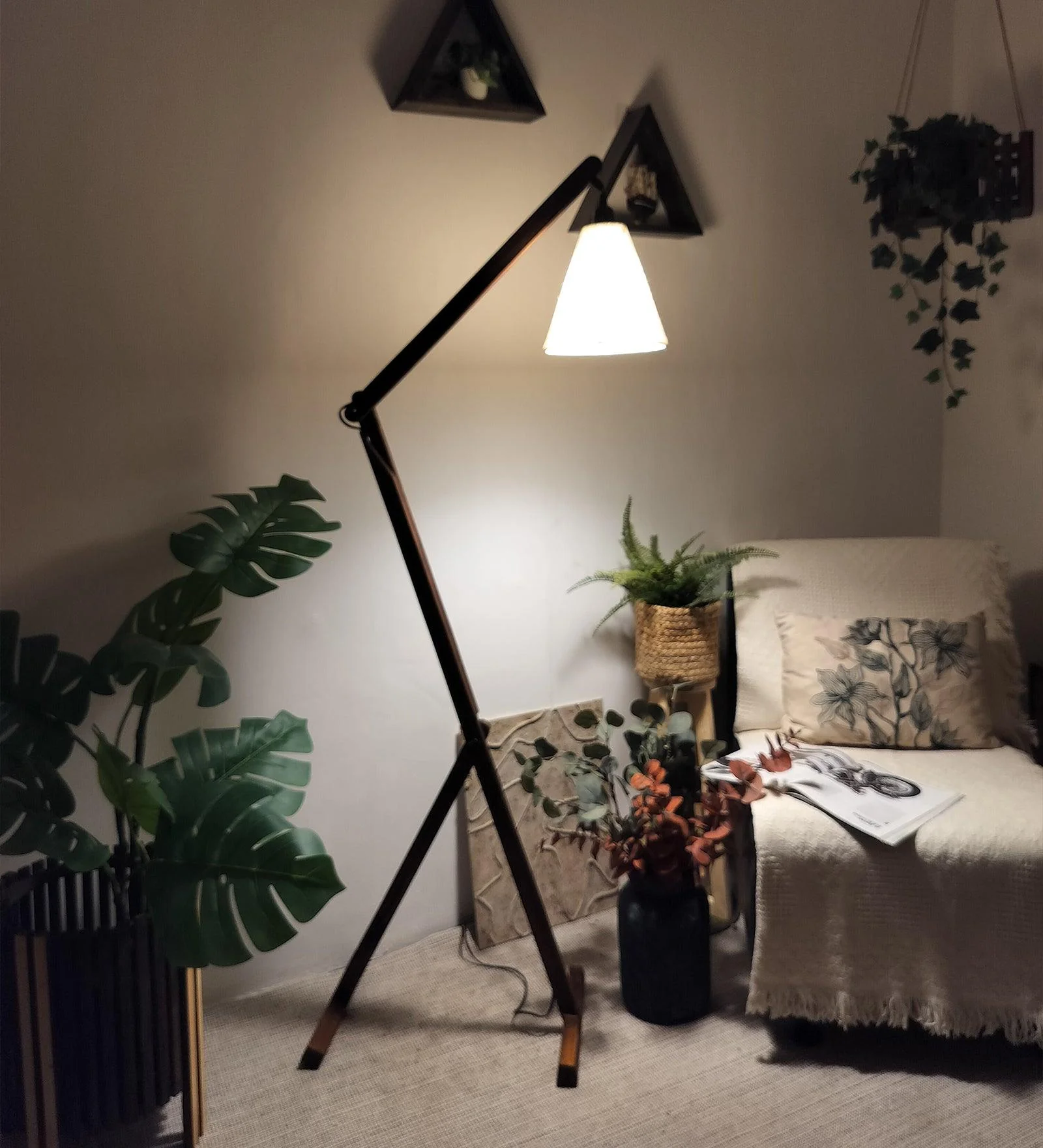 Benji Wooden Floor Lamp with Brown Base and Beige Fabric Lampshade (BULB NOT INCLUDED)