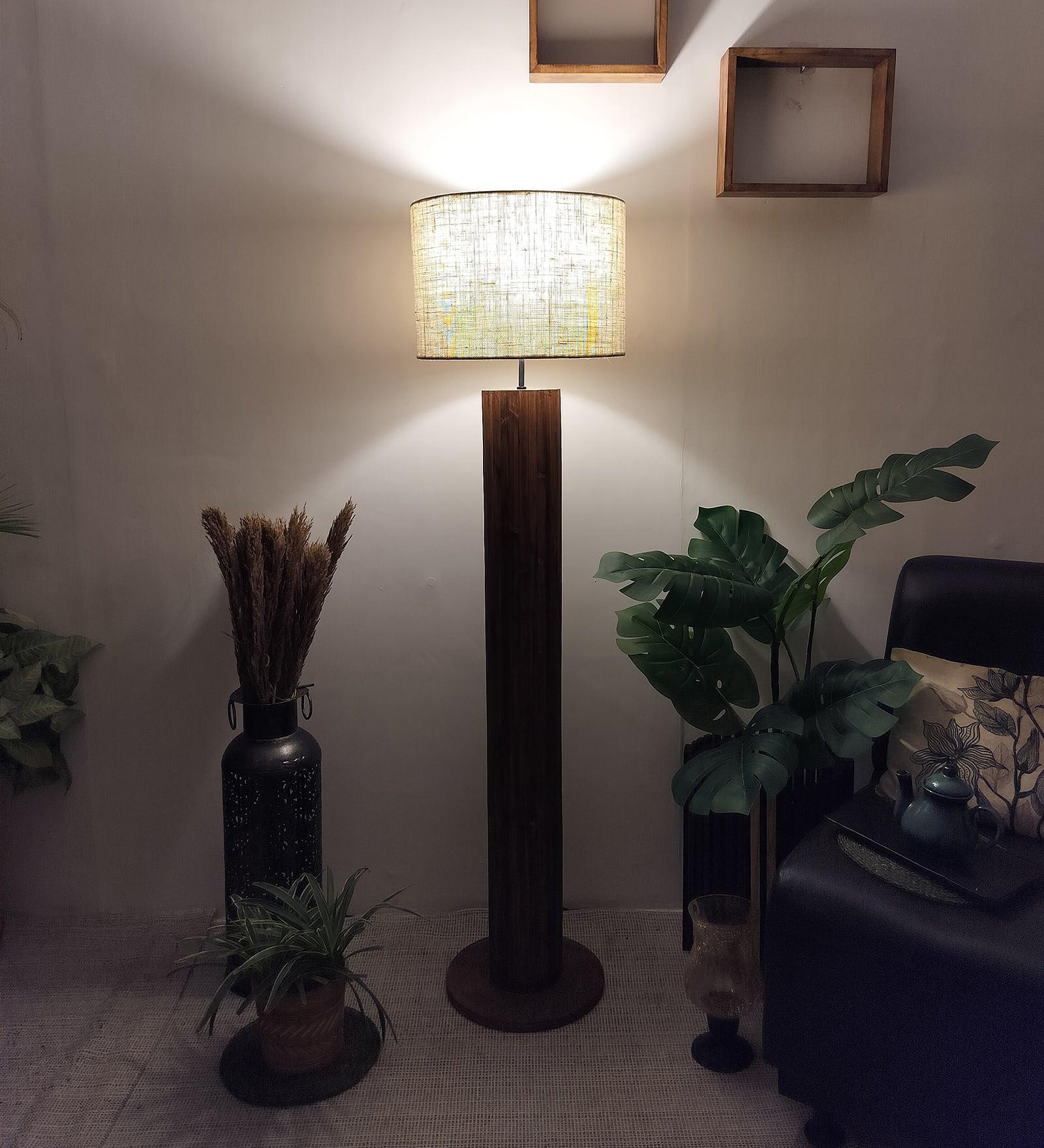 Cedar Wooden Floor Lamp with Premium Beige Fabric Lampshade (BULB NOT INCLUDED)