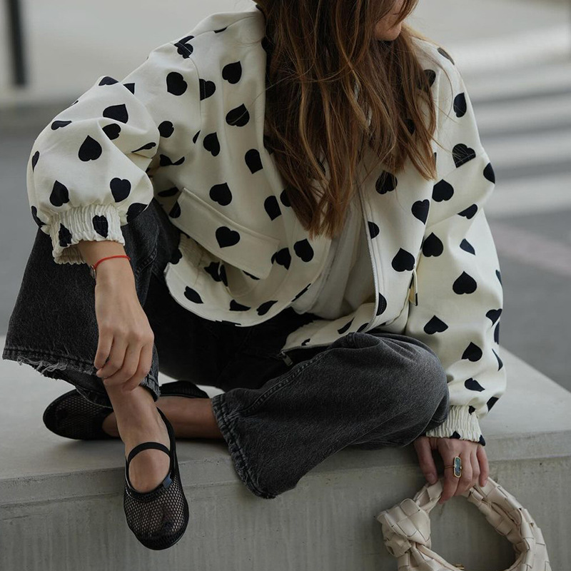 Heart Print Loose Fit Casual Jacket