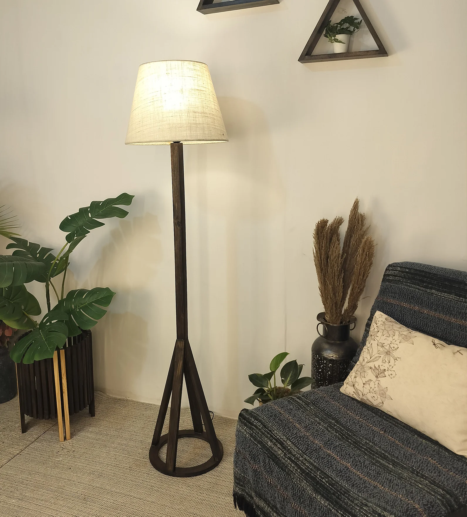 Celine Wooden Floor Lamp with Brown Base and Premium Beige Fabric Lampshade (BULB NOT INCLUDED)