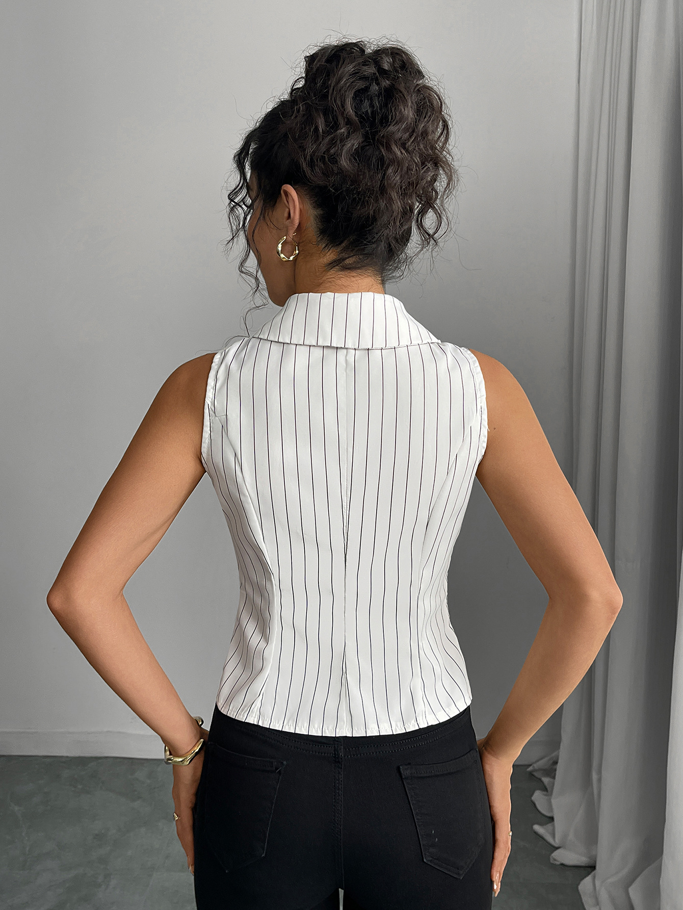 Temperament striped sleeveless shirt slim shirt cardigan top