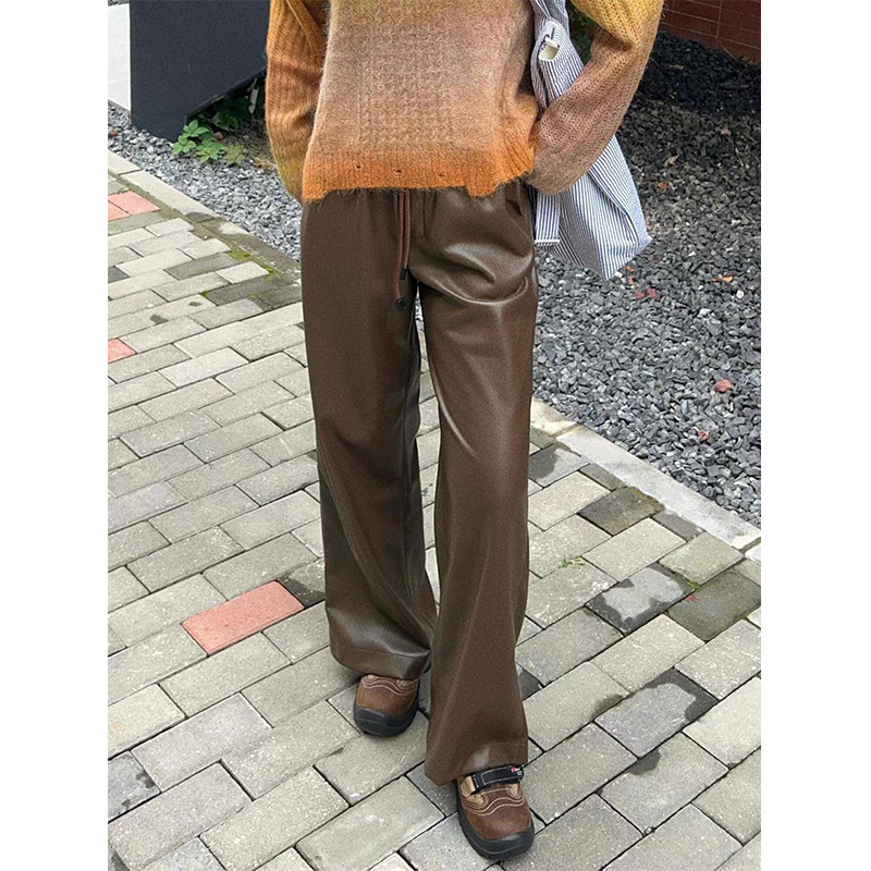 Solid color pu leather pants drawstring elastic waist straight casual pants for women