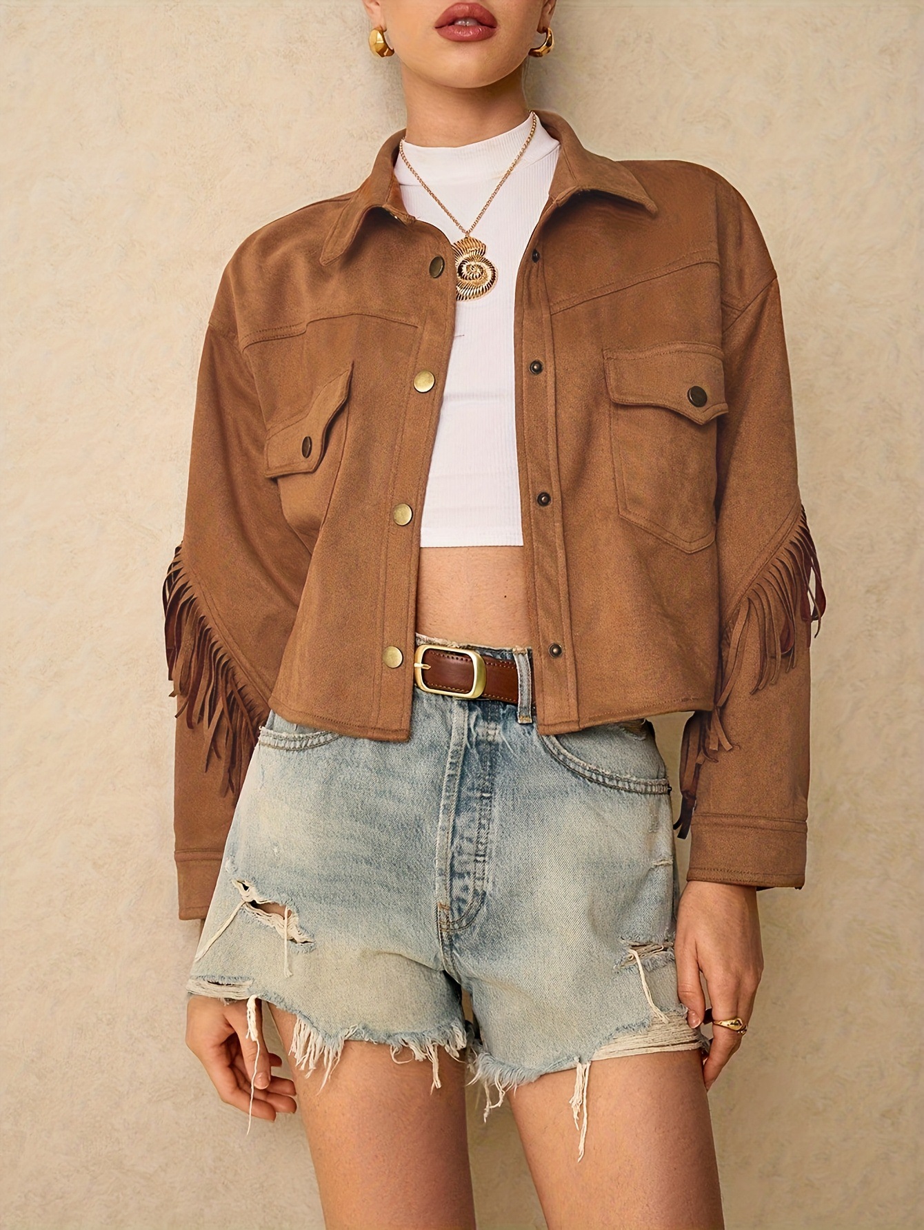 Fringe Detail Cropped Suede Jacket