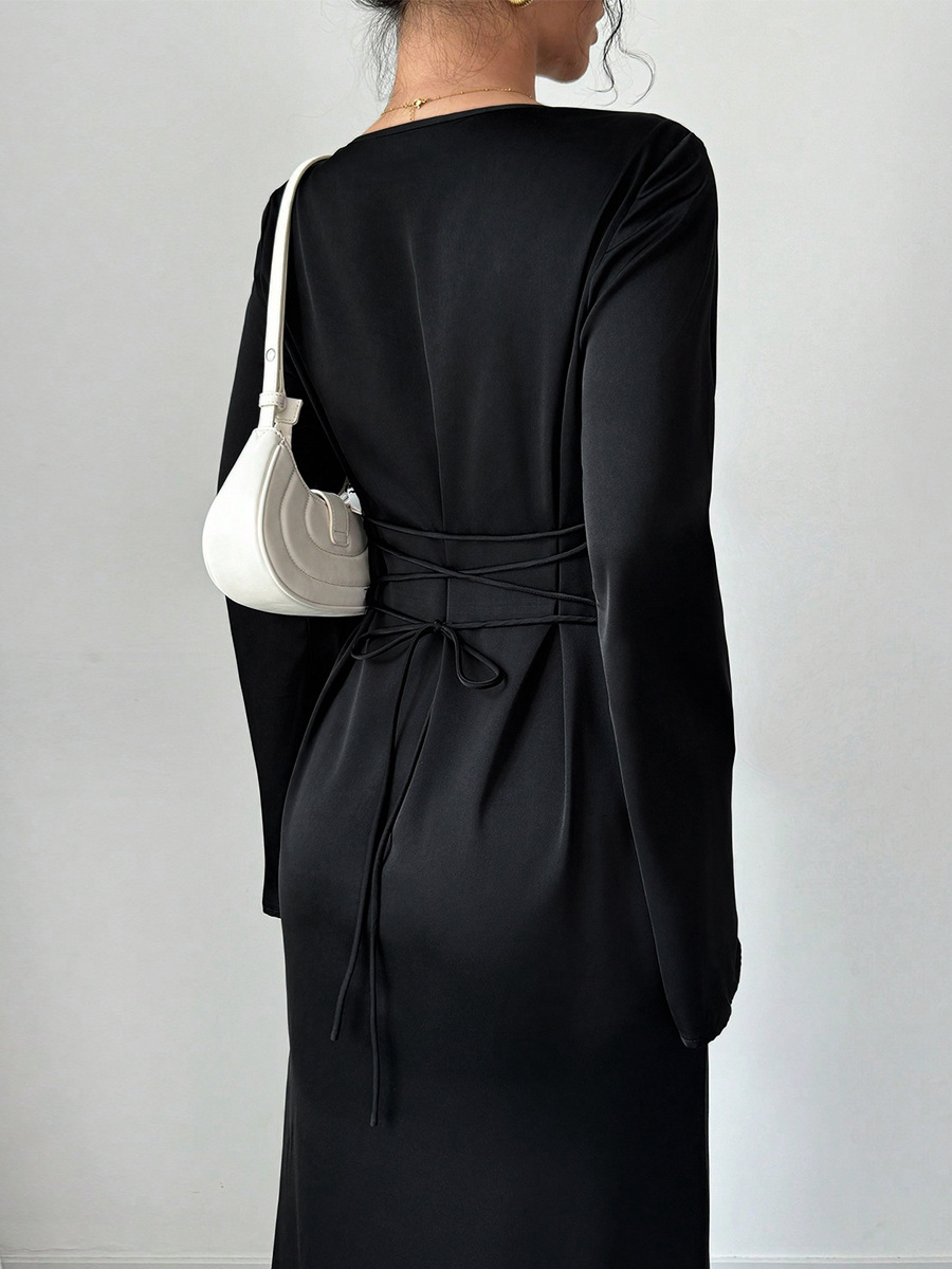 Loose tie waist black long skirt high-end temperament dress