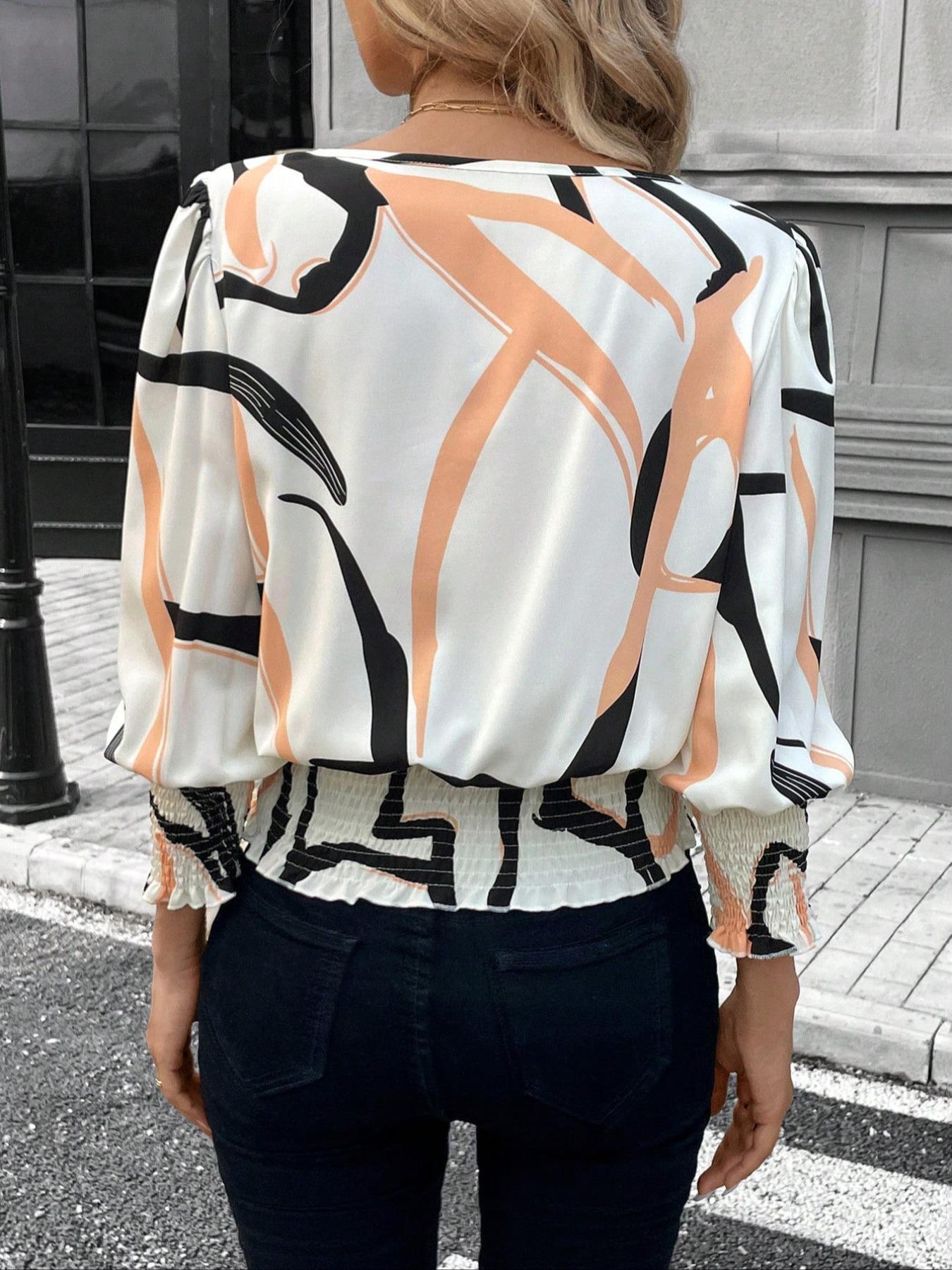 Spring and summer loose casual abstract print three-quarter sleeve round neck top T-shirt