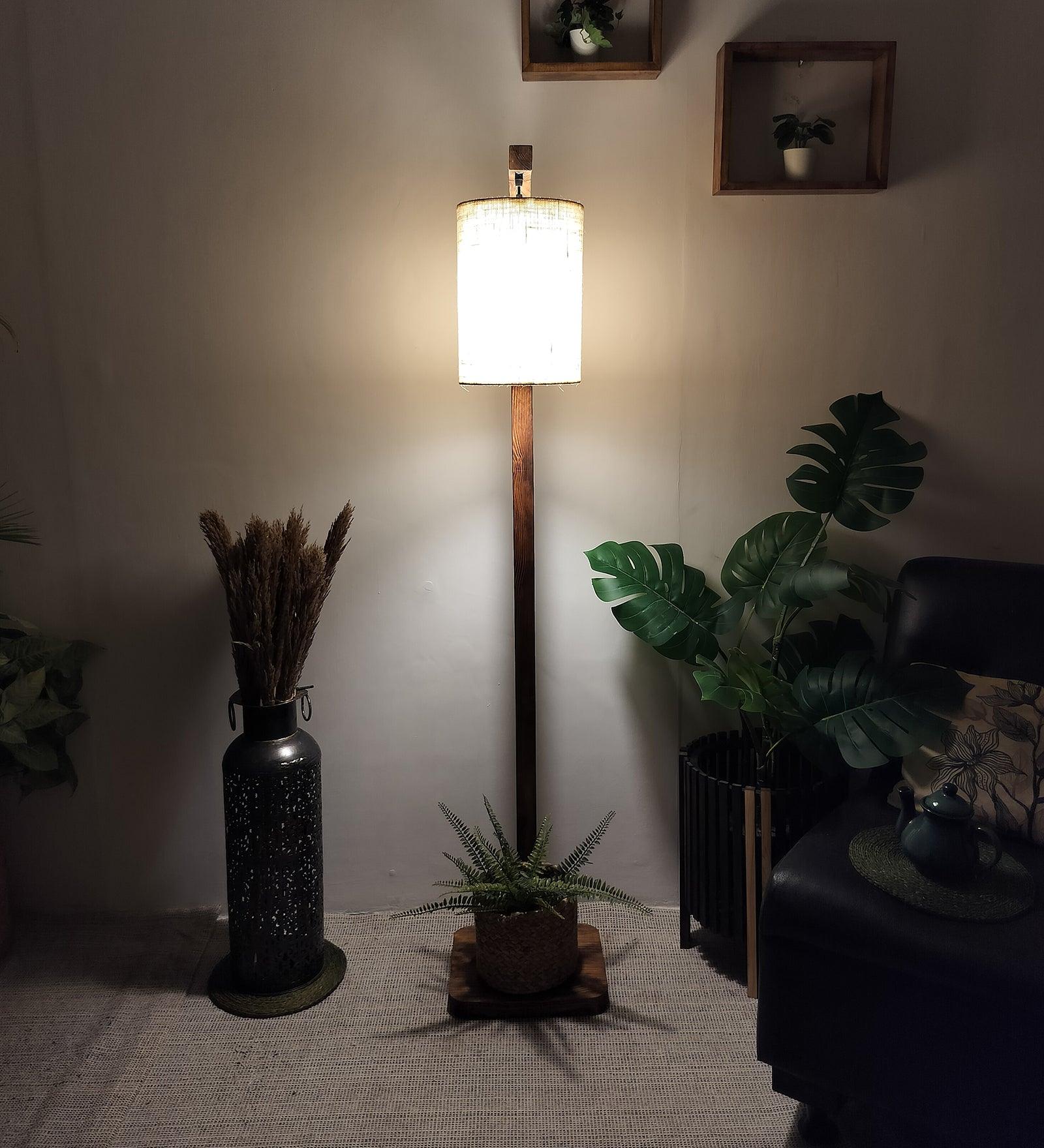Elementary Wooden Floor Lamp with Brown Base and White Fabric Lampshade (BULB NOT INCLUDED)