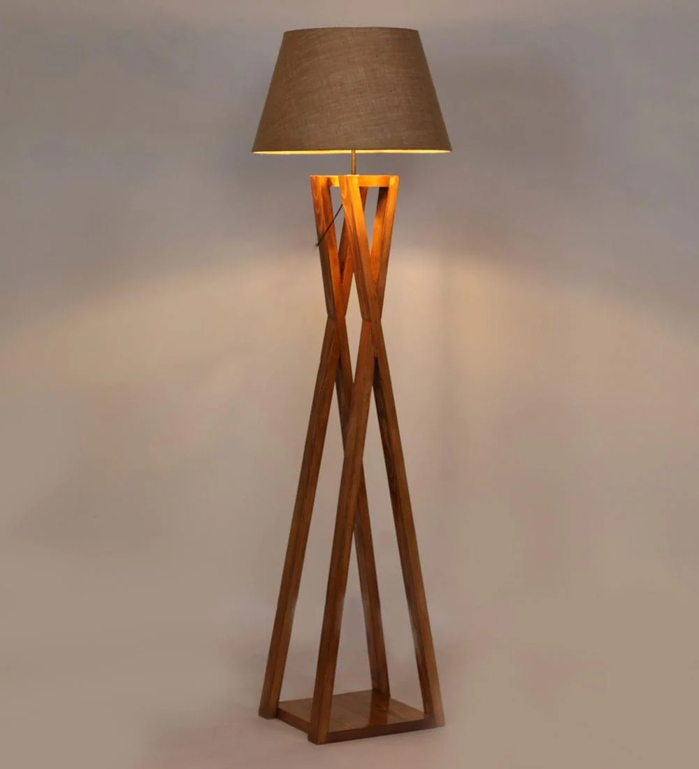 Monica Wooden Floor Lamp with Premium Brwon Fabric Lampshade