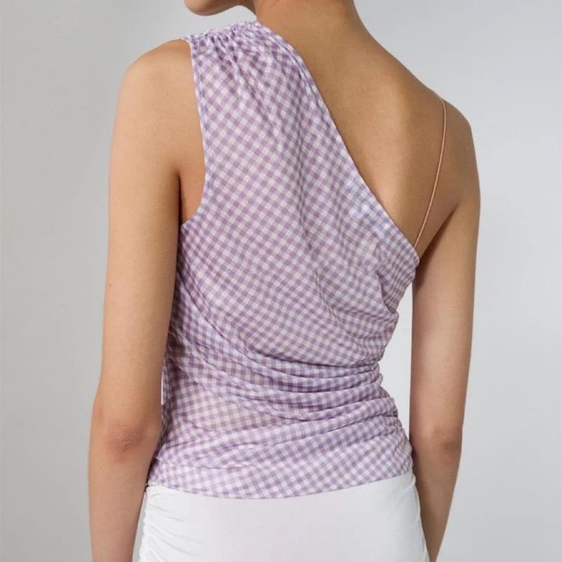 Irregular one-shoulder purple plaid adjustable drawstring camisole top for women