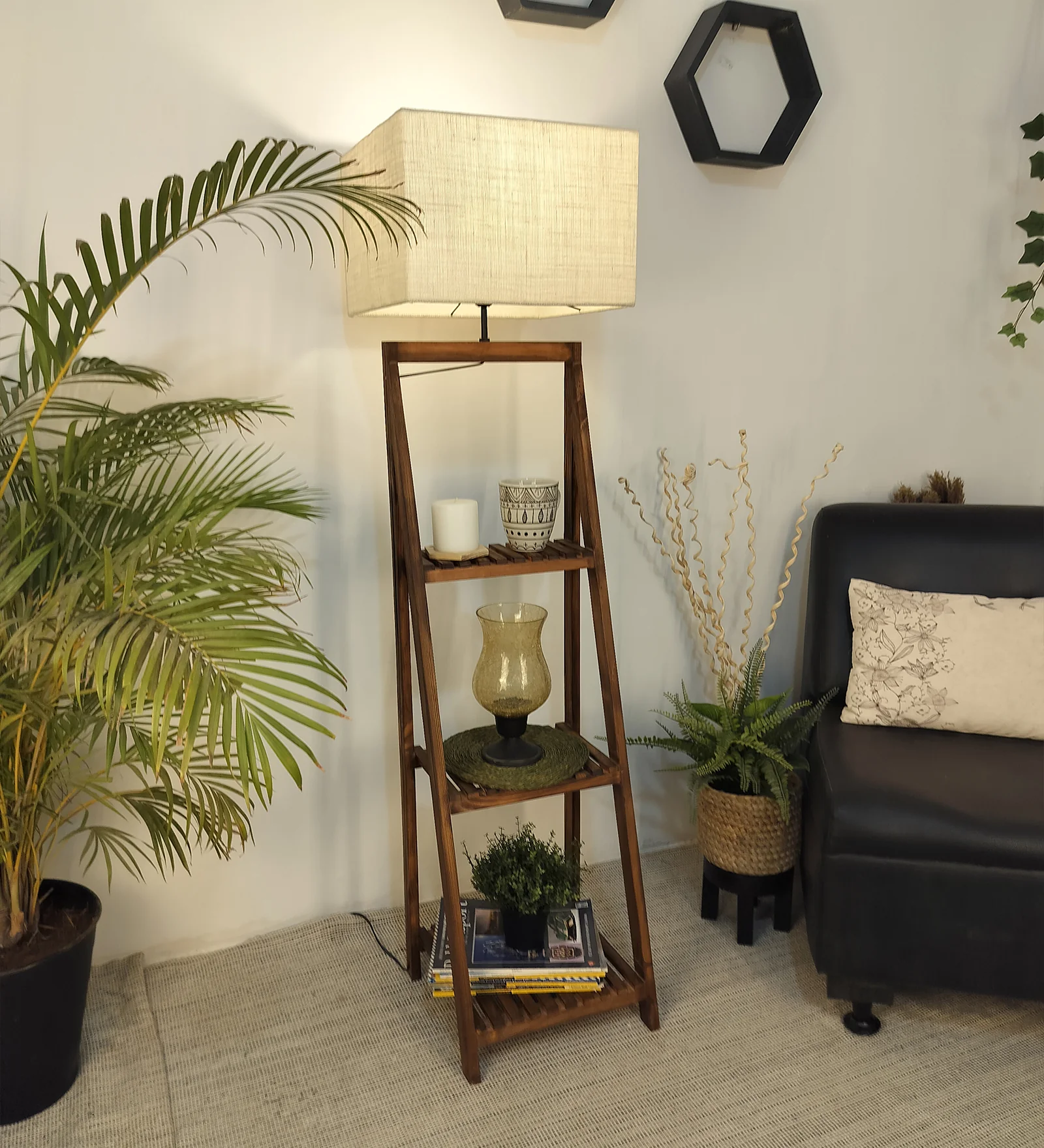 Raphael Wooden Floor Lamp with Brown Base and Jute Fabric Lampshade (BULB NOT INCLUDED)