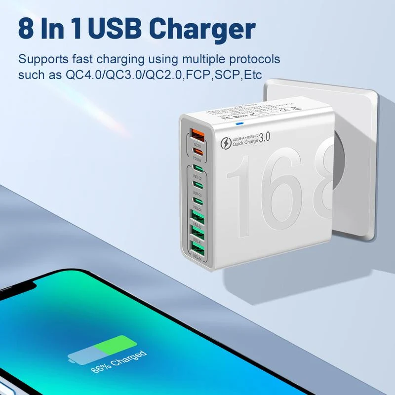 168W GaN USB Fast Charger 8-Port Power Hub for USB-C&A