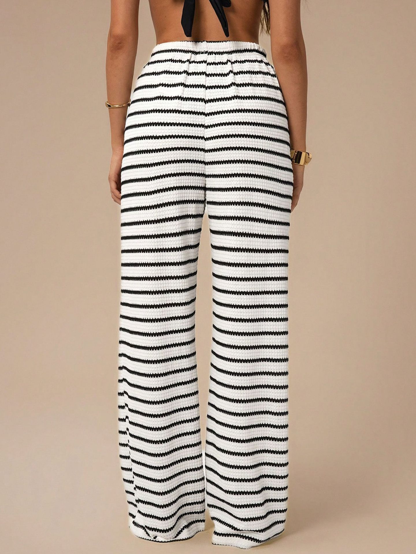 Black and white striped drawstring wide-leg pants