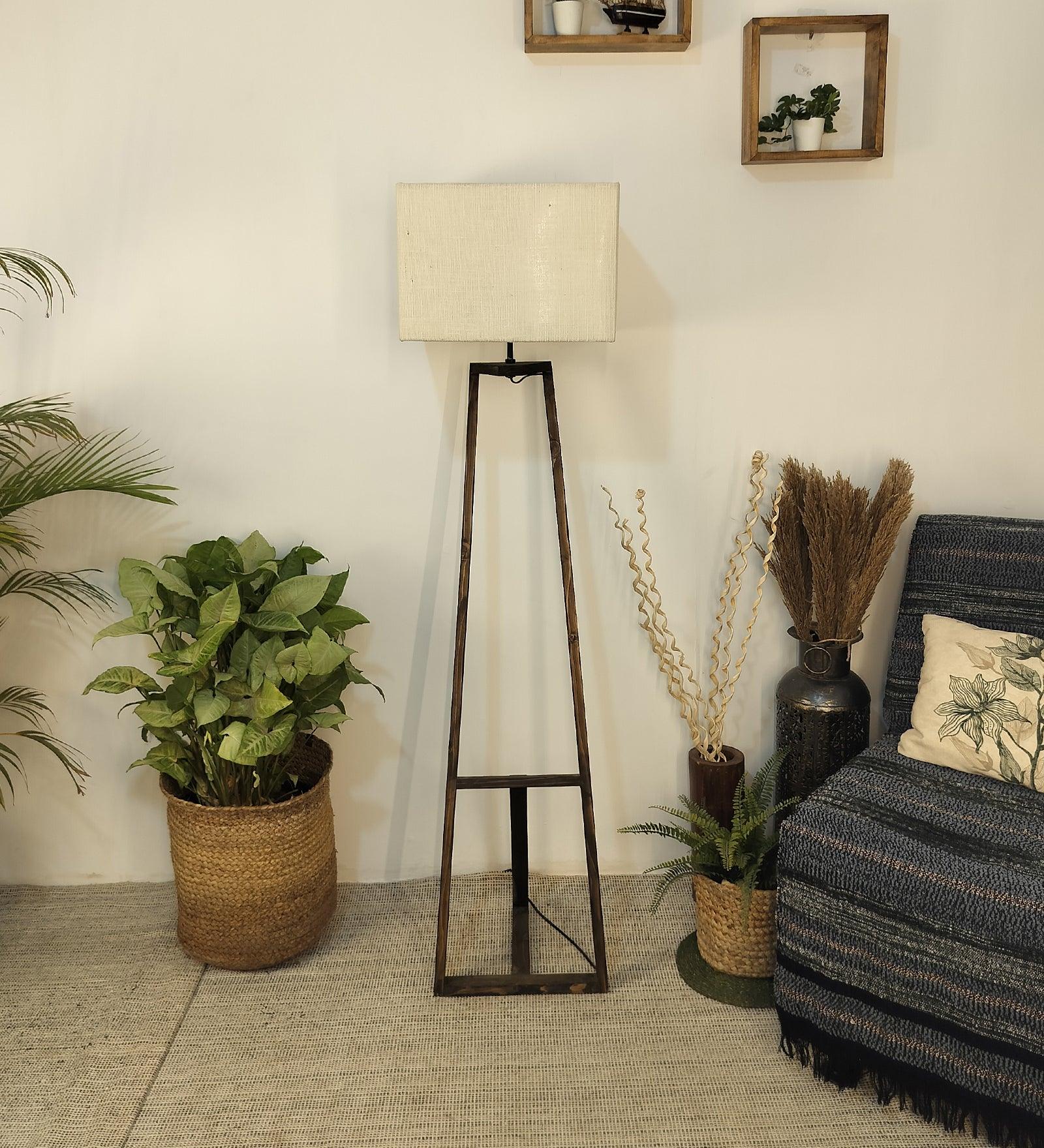 Angular Wooden Floor Lamp with Brown Base and Premium Beige Fabric Lampshade (BULB NOT INCLUDED)