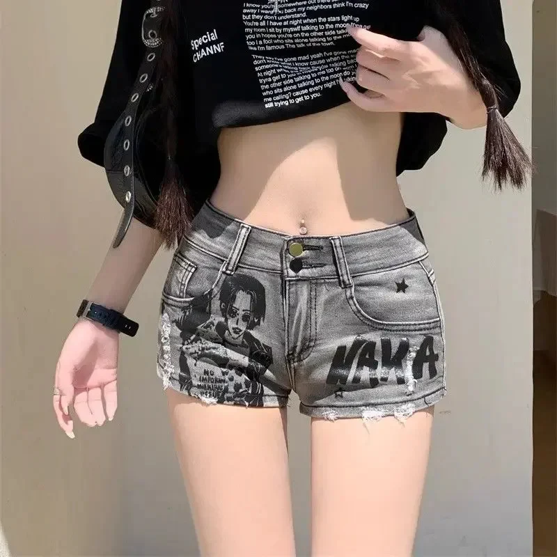 New Summer Style Distressed Skull Print Low-Waist Skinny Denim Shorts