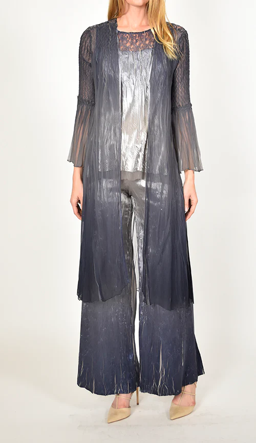Ombre Lace Duster, Metallic Top & Wide - Leg Pant Set