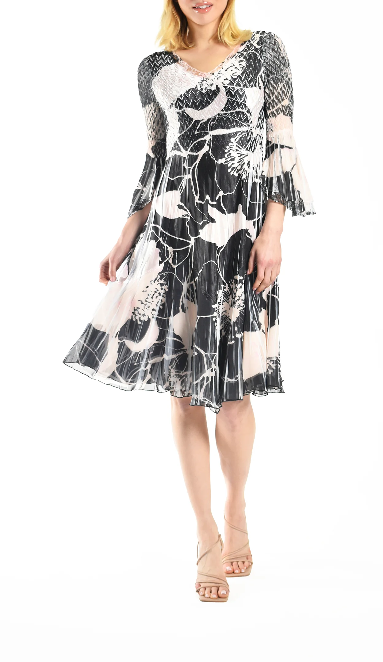 Black and White Floral - Print Midi Dress