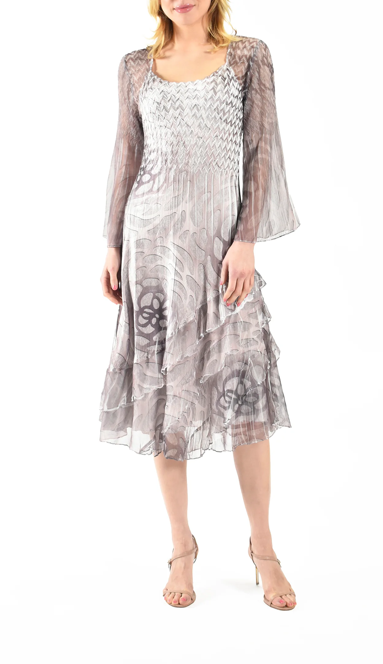 Grey Floral - Print Square Neck Dress with Sheer Sleeves