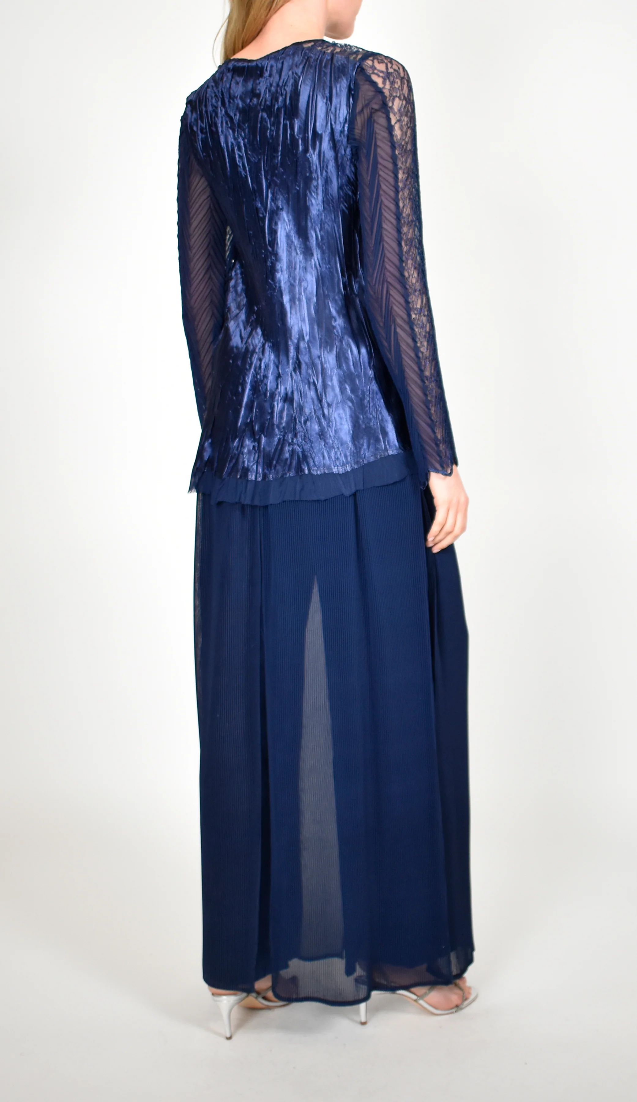Navy Blue V - Neck Long - Sleeve Top and Maxi Skirt Set