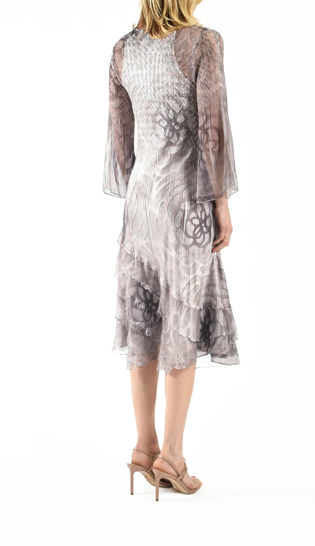 Grey Floral - Print Square Neck Dress with Sheer Sleeves